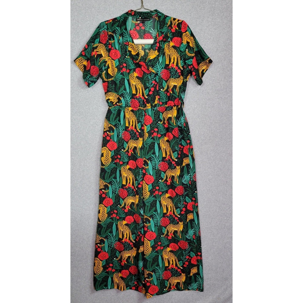 America & Beyond Jaguar Dreams Animal Print Leopard Rose Jumpsuit Large Wide Leg